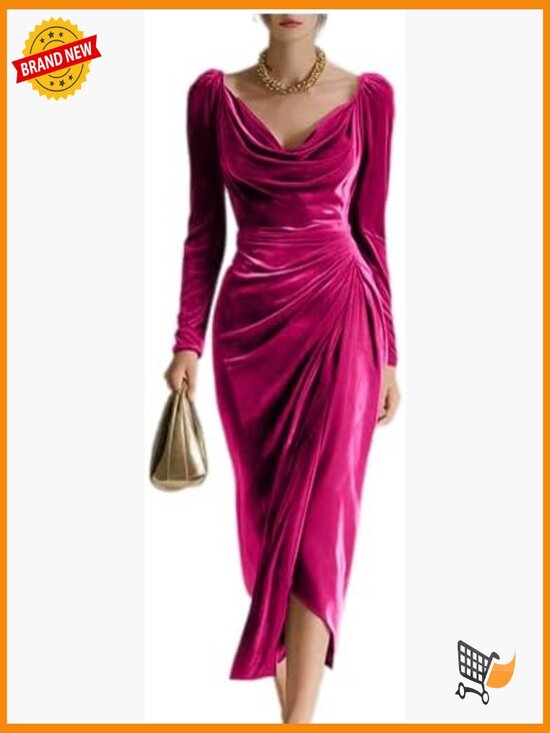Dresses & Skirts - Velvet Cowl Neck Midi Bodycon Dress Long Sleeve Party Wedding Guest Ruched Slit